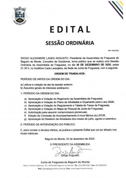 SESS&Atilde;O ORDIN&Aacute;RIA DA ASSEMBLEIA- 30-12-2025