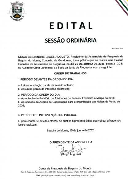 SESS&Atilde;O ORDIN&Aacute;RIA DA ASSEMBLEIA DE FREGUESIA DE 25.06.2026