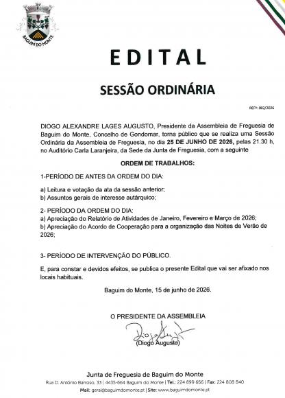 SESS&Atilde;O ORDIN&Aacute;RIA DA ASSEMBLEIA DE FREGUESIA DE 25.06.2026
